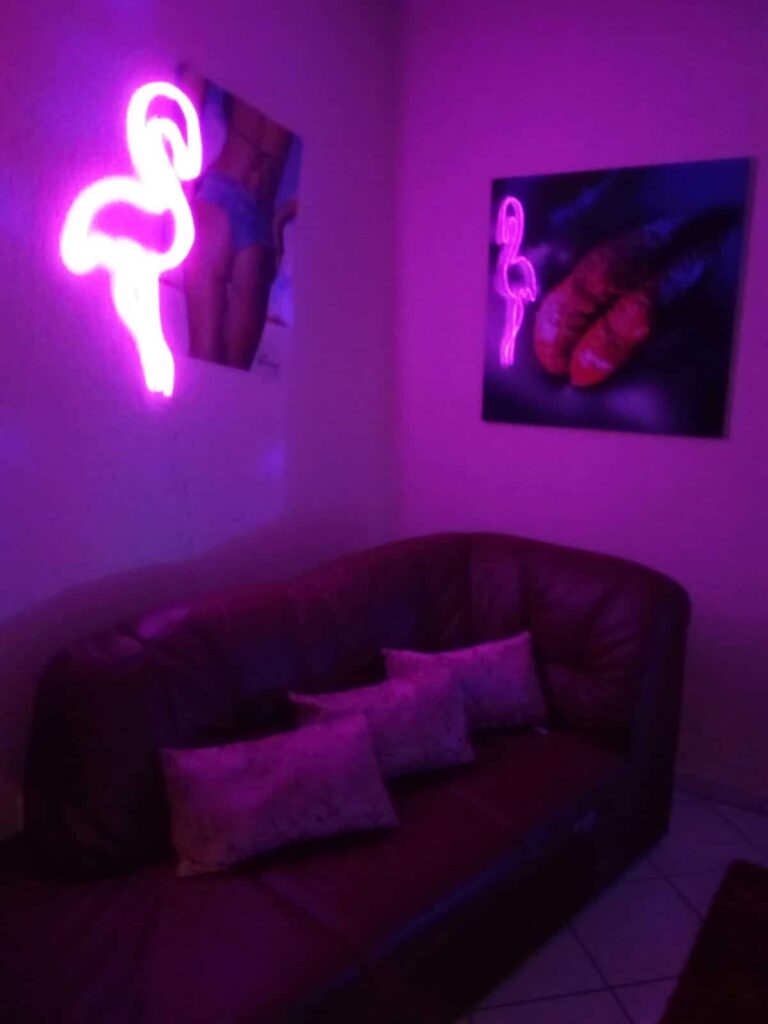 Lounge mit Sofa und pinkem Neon-Flamingo